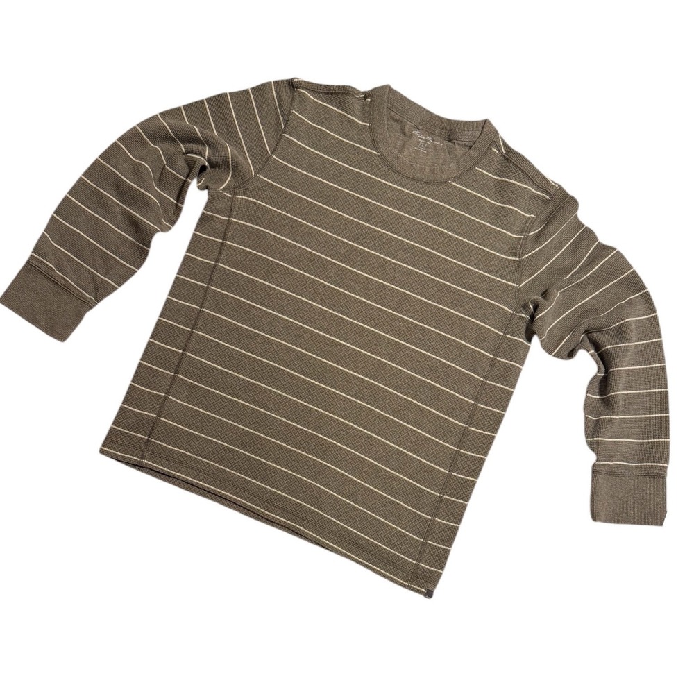 Eddie Bauer Mens Large Olive Green Striped Waffle Knit Thermal Long Sleeve Shirt